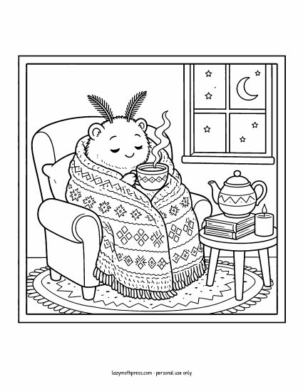 Free coloring page: Mo the moth with a cup of tea