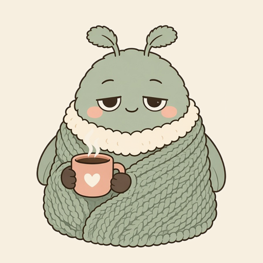 The Lazy Moth mascot cuddled up in a knitted blanket
